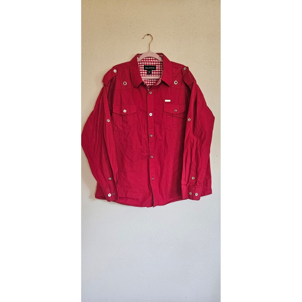 Ablanche Mens 3XL Red Cotton Button Down Utility Shirt Epaulettes Gingham Trim